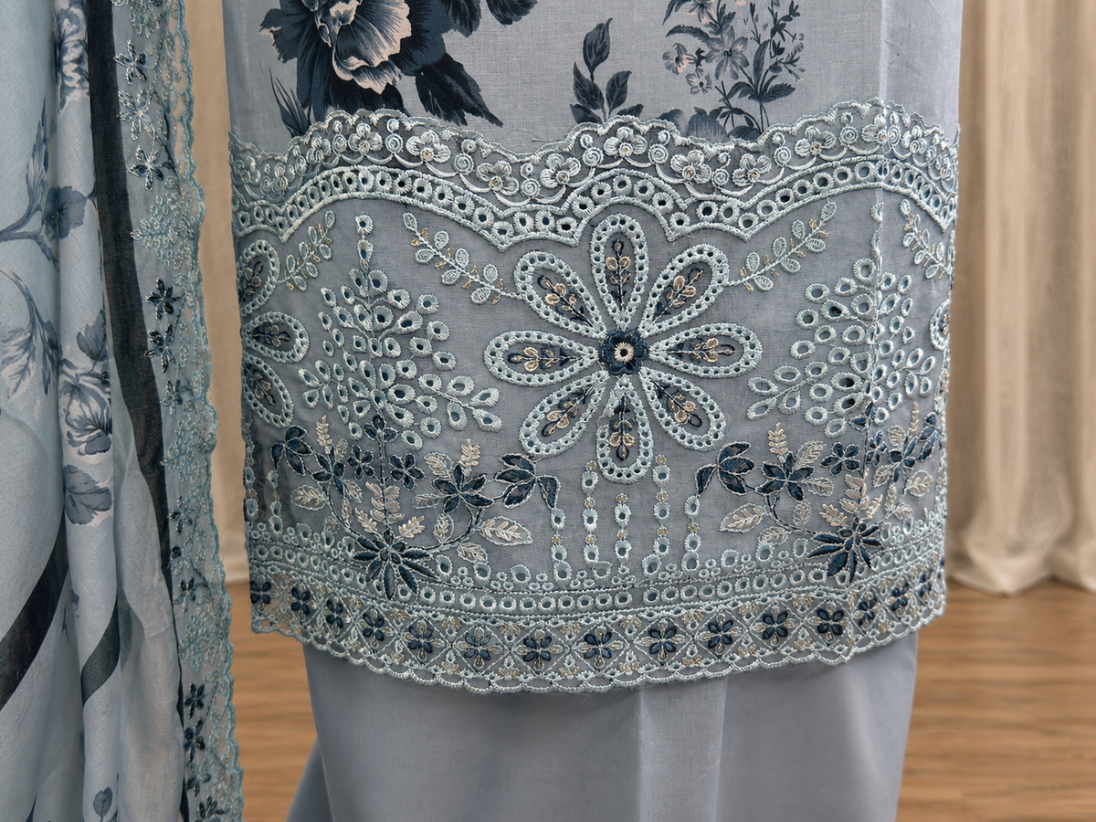 Inspired Abu Rehan Misty Ice Blue Chikankari Cotton Suit