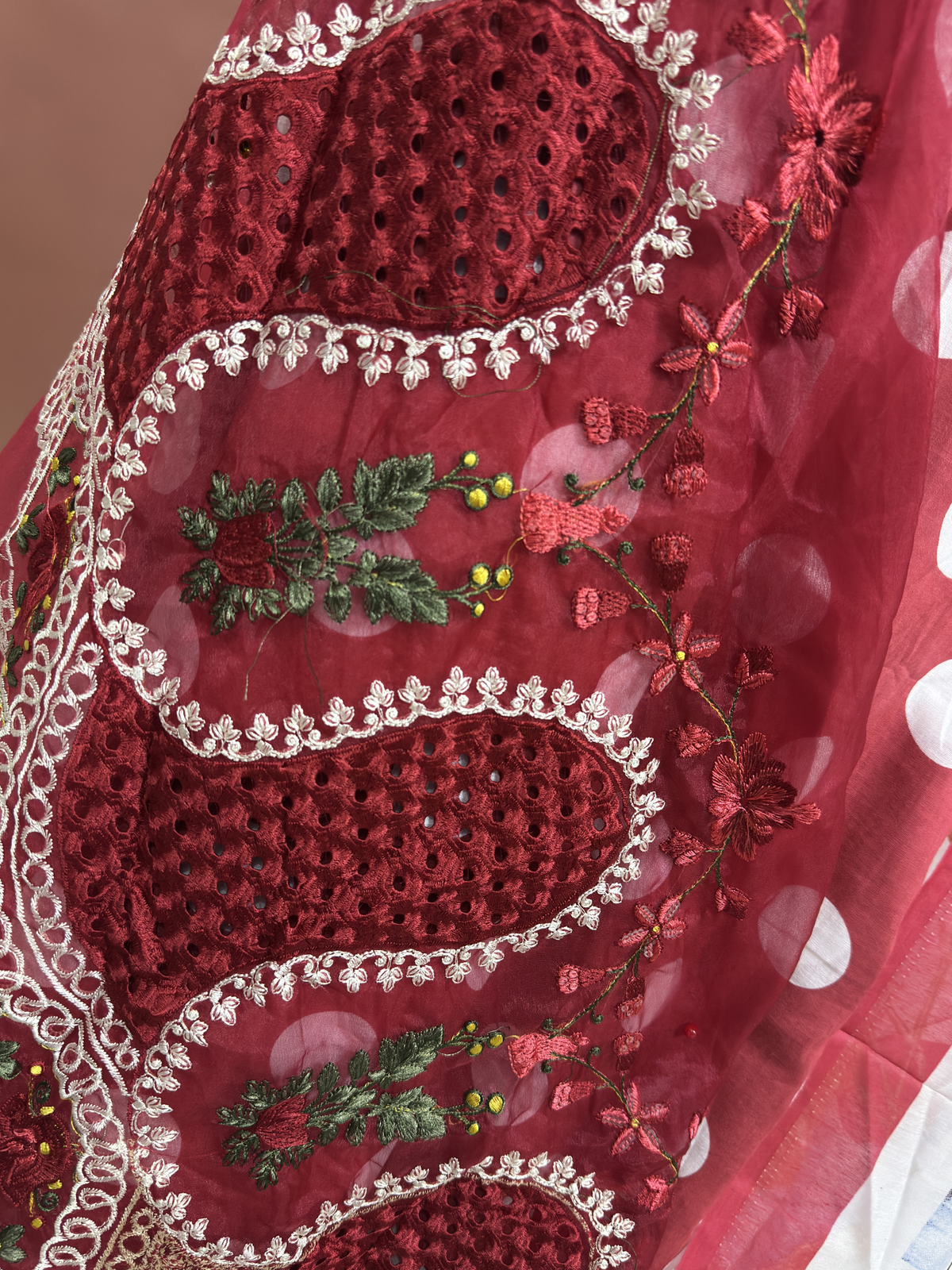 Inspired Maria B Candy Red Unstitched Polka Patch Work Cotton Suit