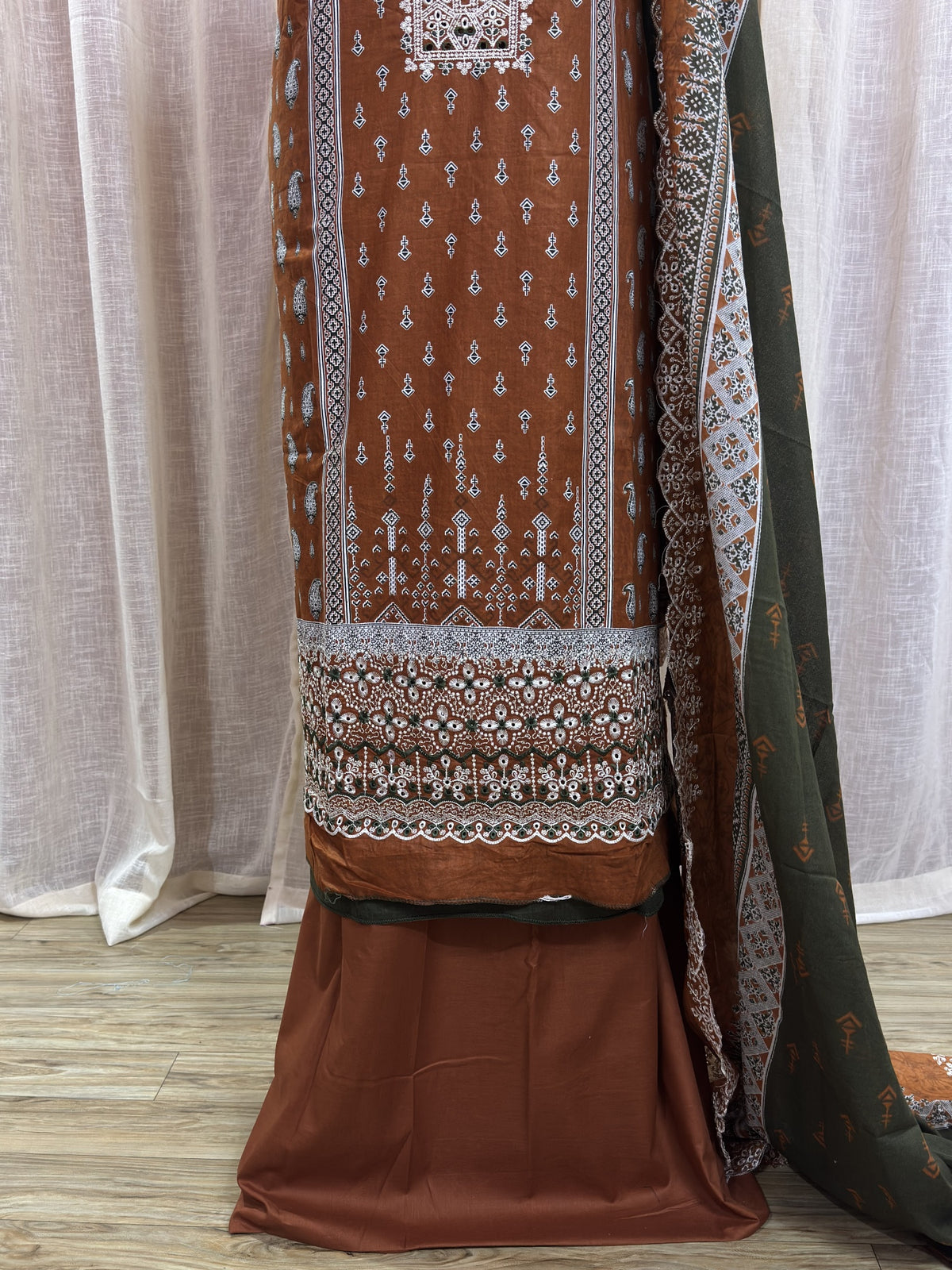 Inspired Alfaaz by Al Marina Rust Brown Chikankari Cotton Suit