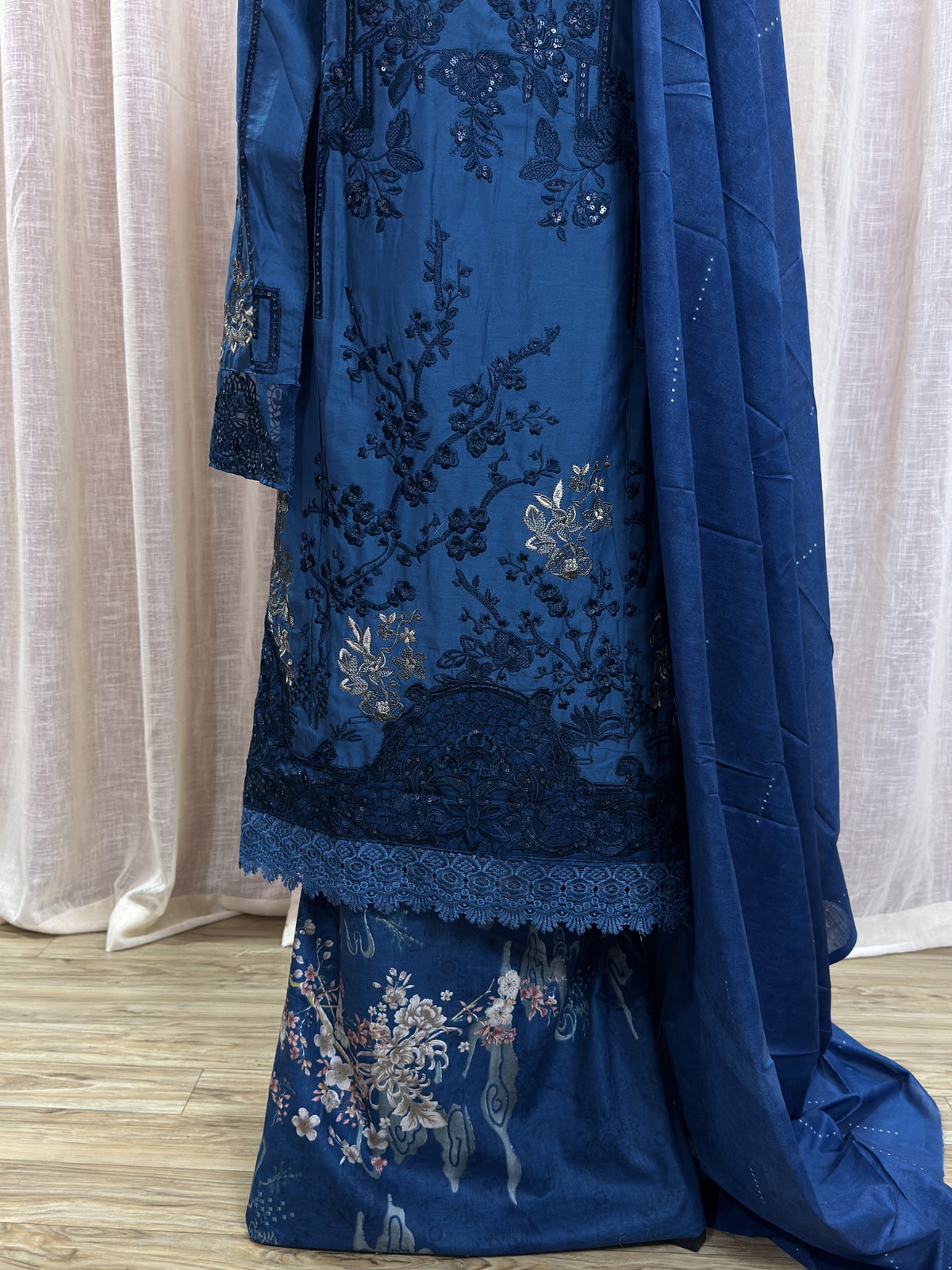 Inspired Maria B Deep denim Blue Semi-stitched Embroidered Semi-Lawn Suit