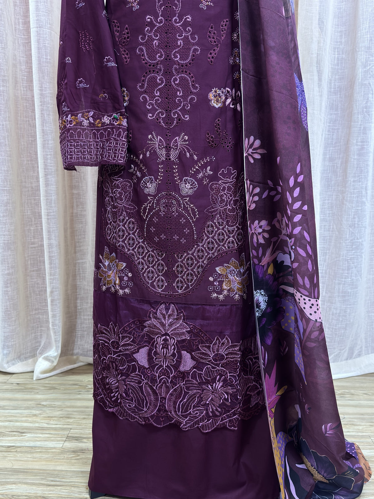 Inspired Ramsha Deep Plum Purple Semi-stitched Embroidered Cotton Suit