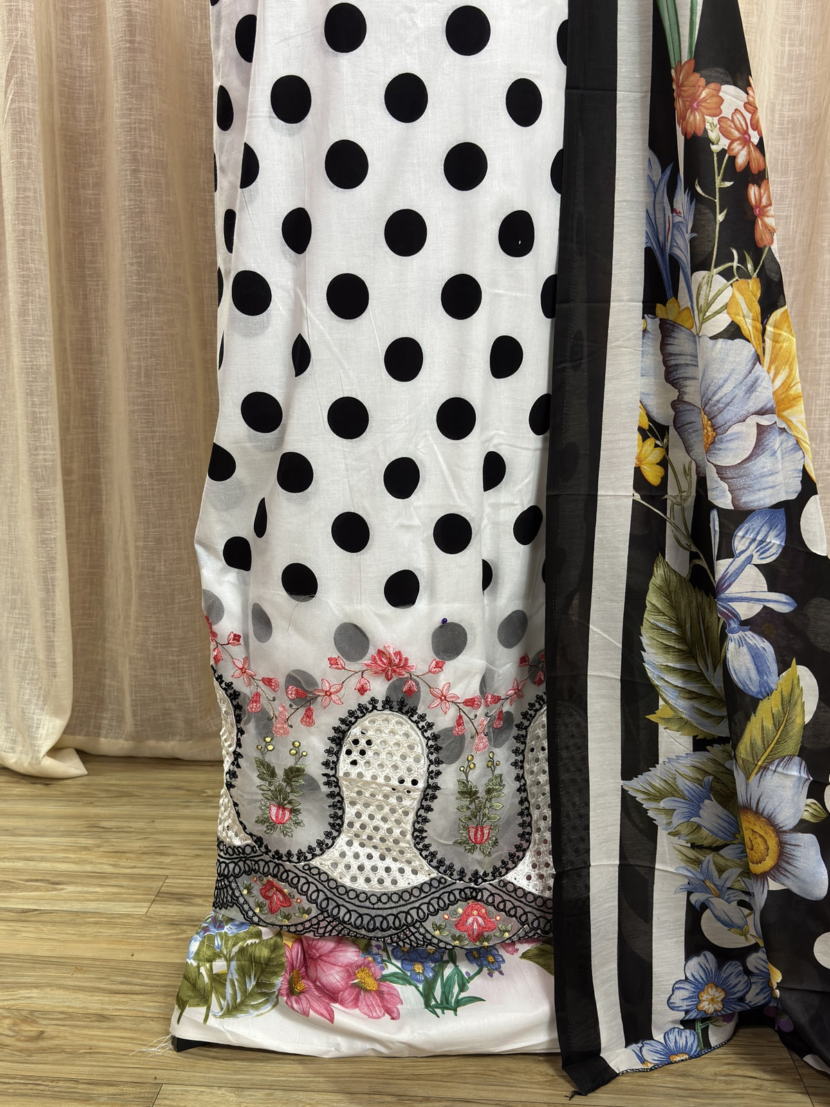 Inspired Maria B White Unstitched Polka Patch Work Cotton Suit
