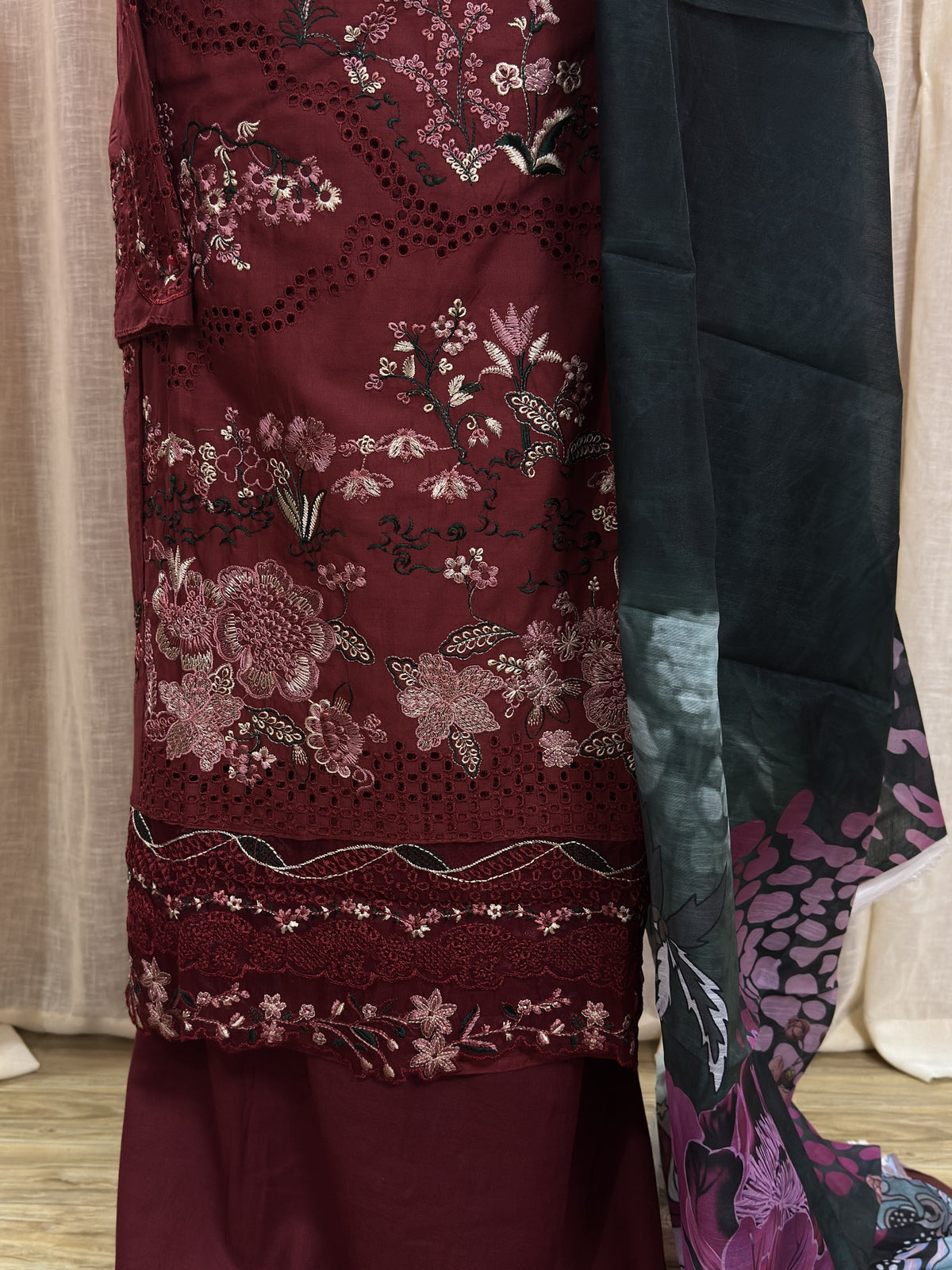 Inspired Ramsha Regal Maroon Semi-stitched Embroidered Cotton Suit