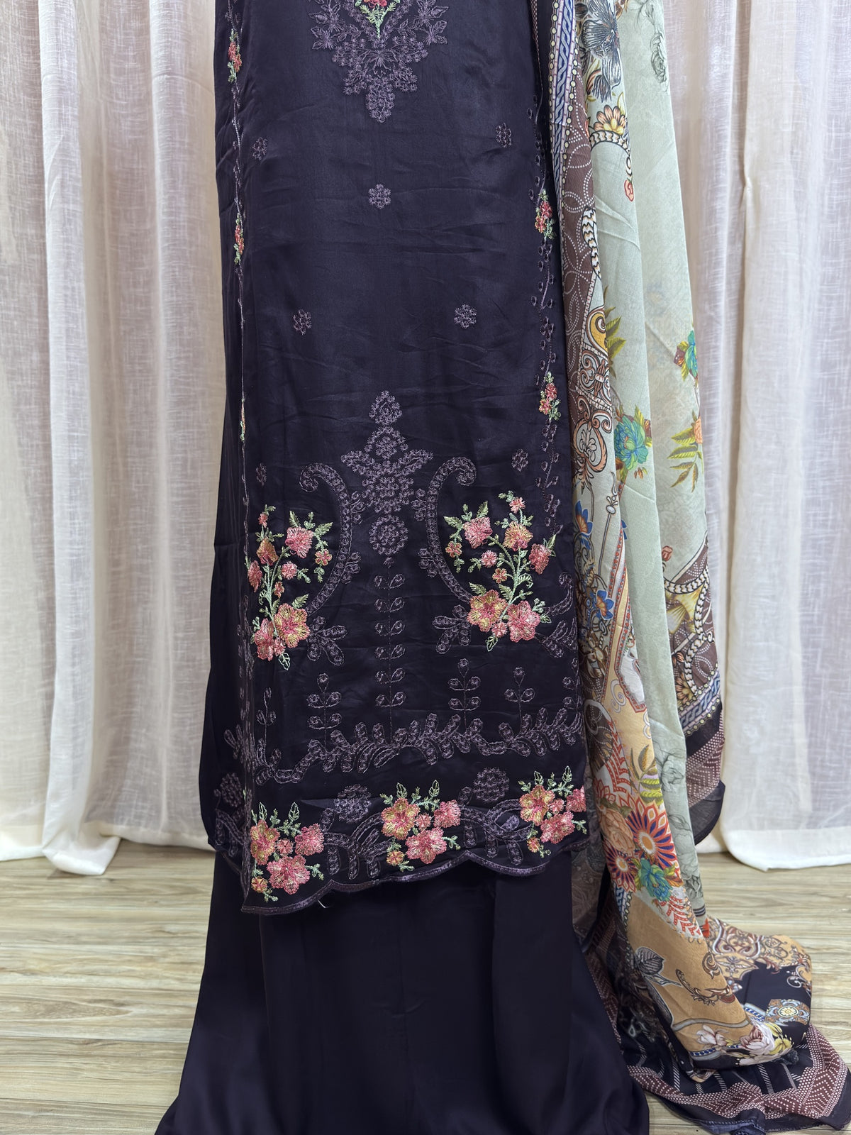 Inspired Zarqash Dark Cocoa Brown Unstitched Embroidered Cotton Suit