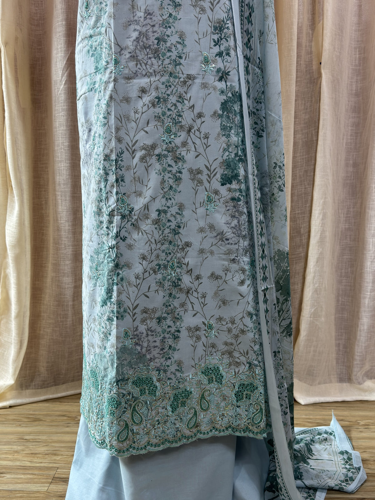 Inspired Khuda Baksh Ice Blue Green Chikankari Cotton Suit