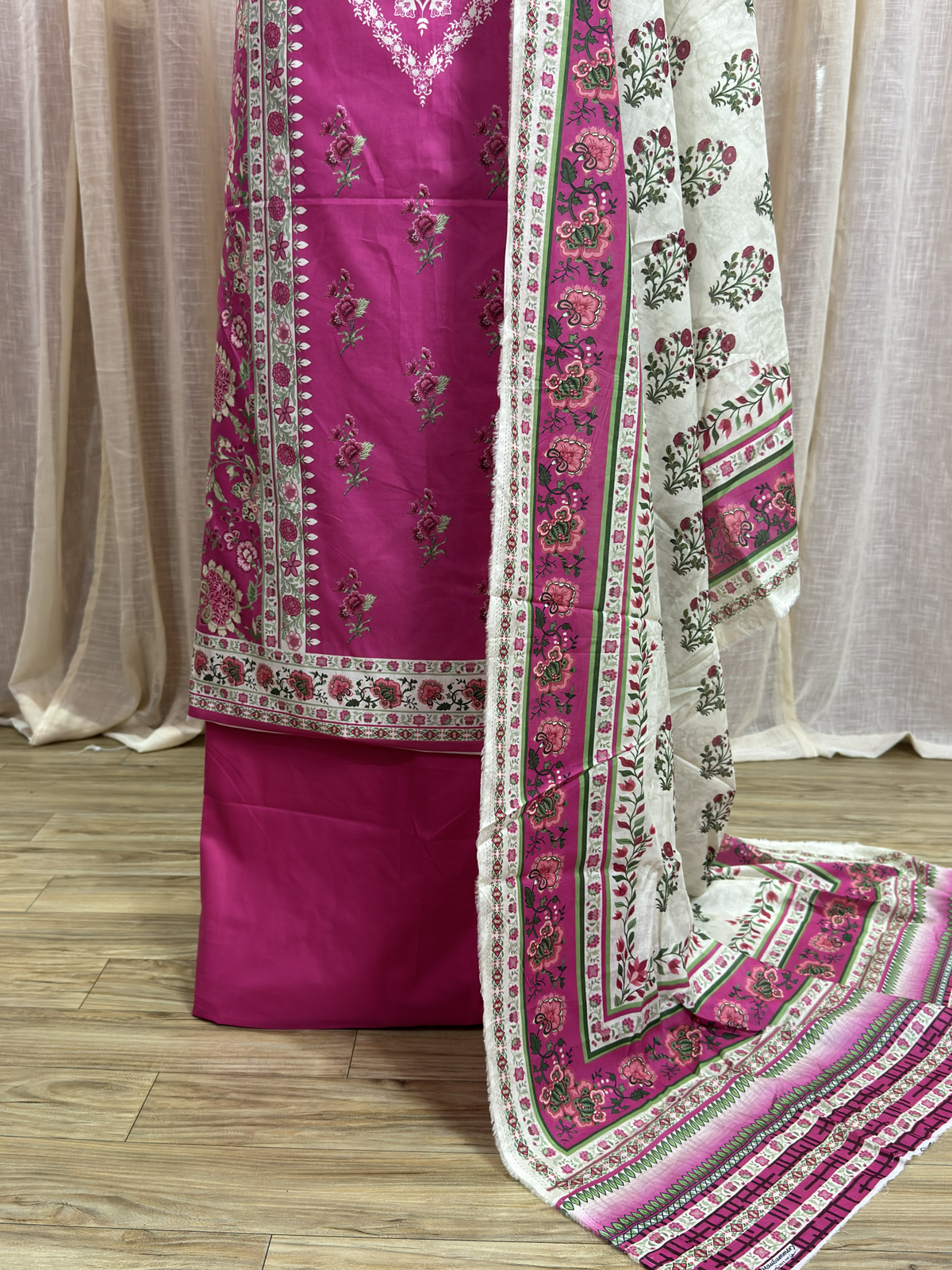 Original Mausammery Fuschia Pink Floral Print Unstitched Lawn Suit