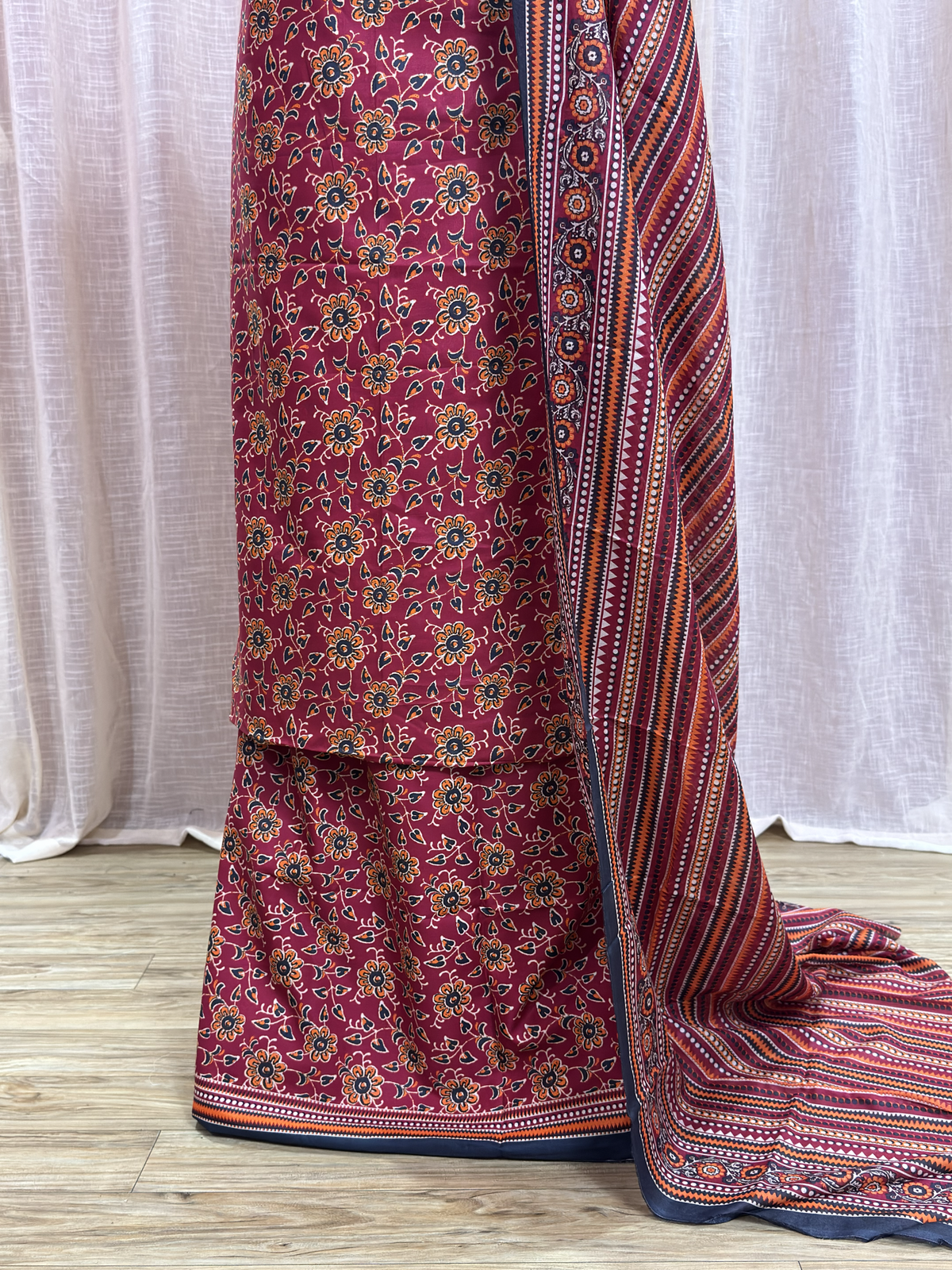 Original Bin Saeed Rust Red Floral Print Unstitched Lawn Suit