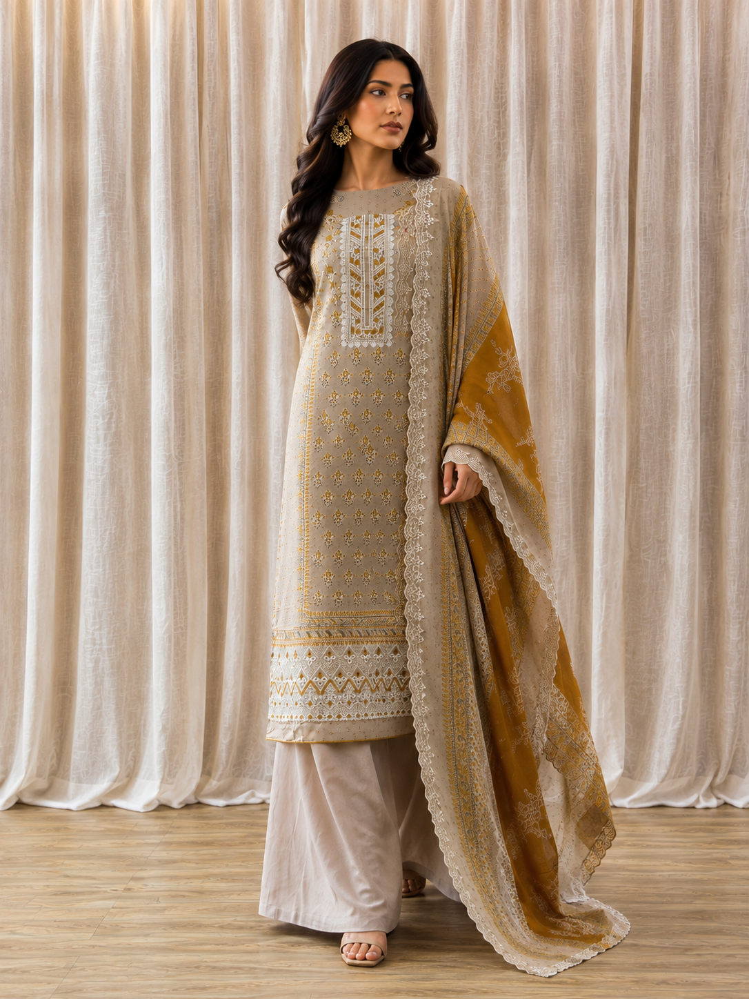 Inspired Alfaaz by Al Marina Beige Chikankari Cotton Suit