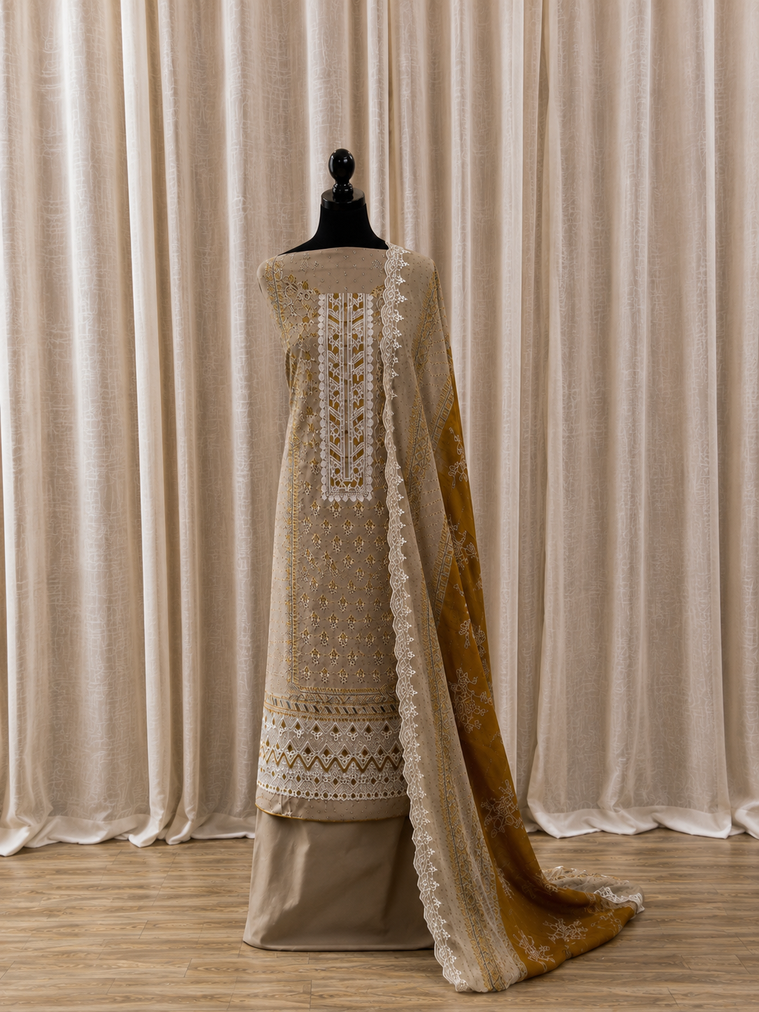 Inspired Alfaaz by Al Marina Beige Chikankari Cotton Suit