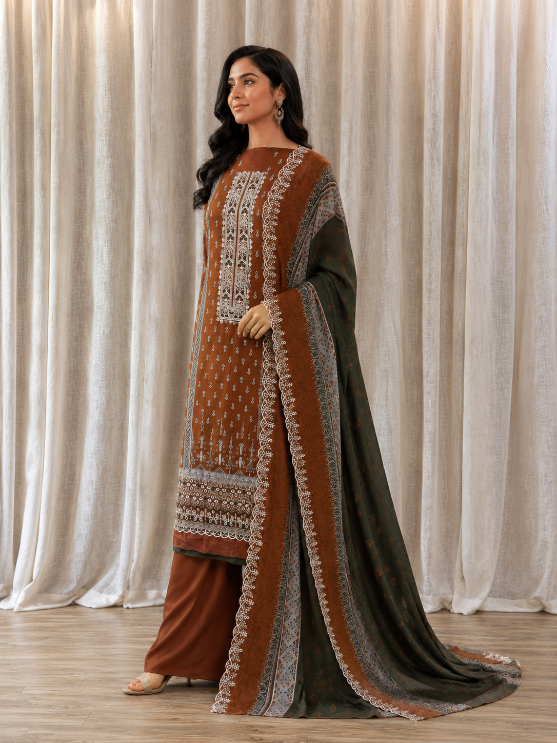 Inspired Alfaaz by Al Marina Rust Brown Chikankari Cotton Suit