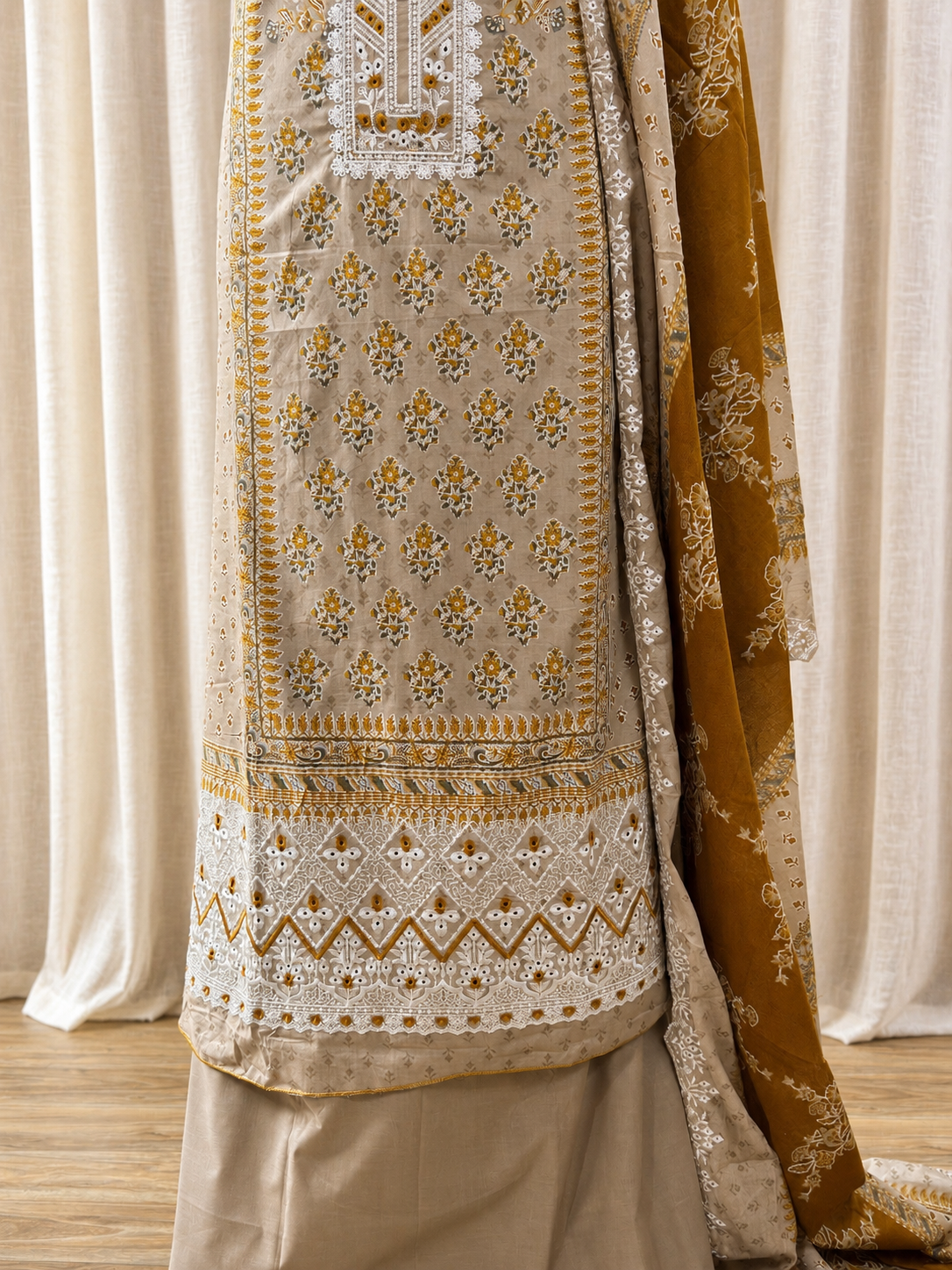 Inspired Alfaaz by Al Marina Beige Chikankari Cotton Suit