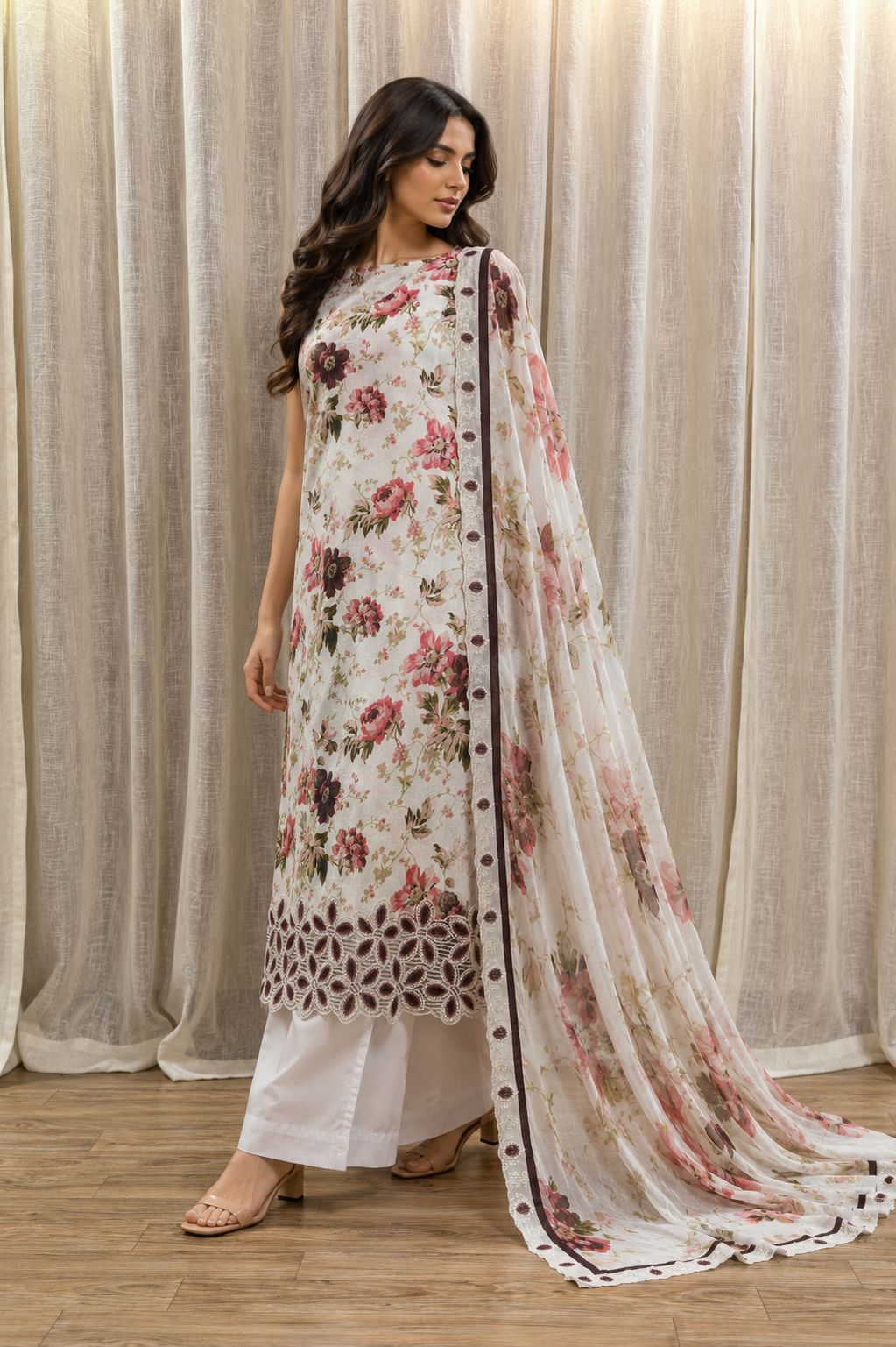 Inspired Abu Rehan Rose Ivory Chikankari Cotton Suit