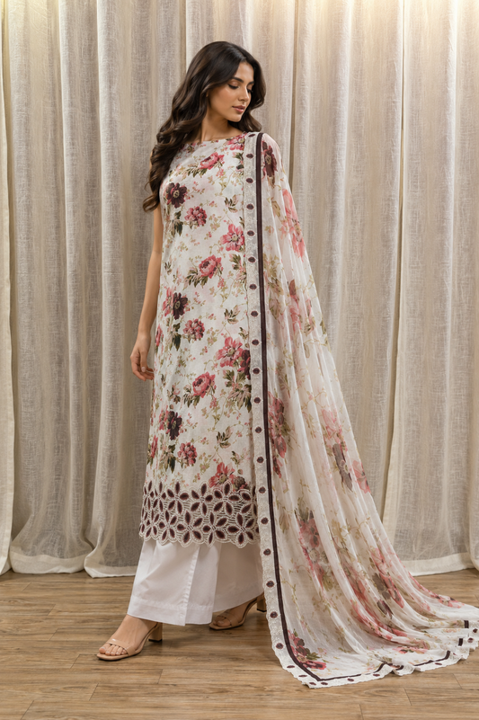Inspired Abu Rehan Rose Ivory Chikankari Cotton Suit