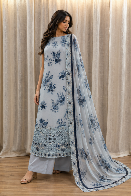 Inspired Abu Rehan Misty Ice Blue Chikankari Cotton Suit
