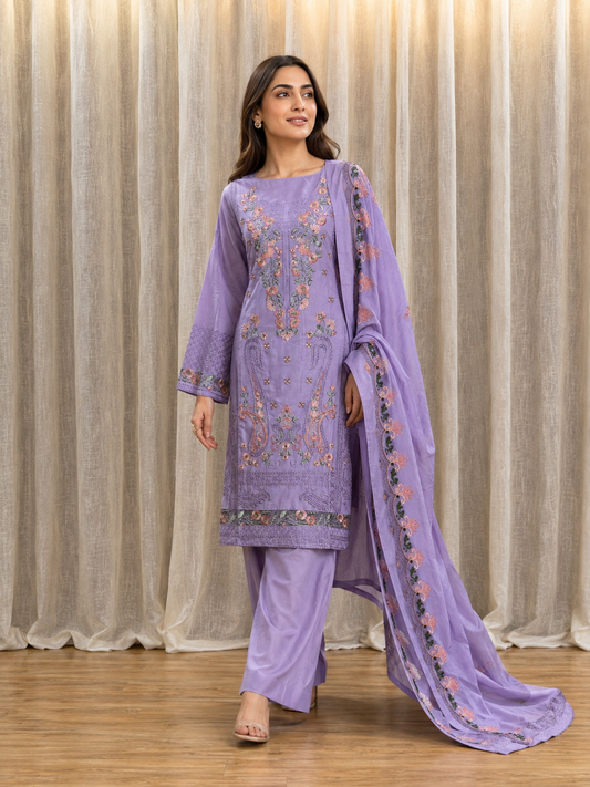Inspired Elaf Dusty Lavender Semi-stitched Embroidered Cotton Suit