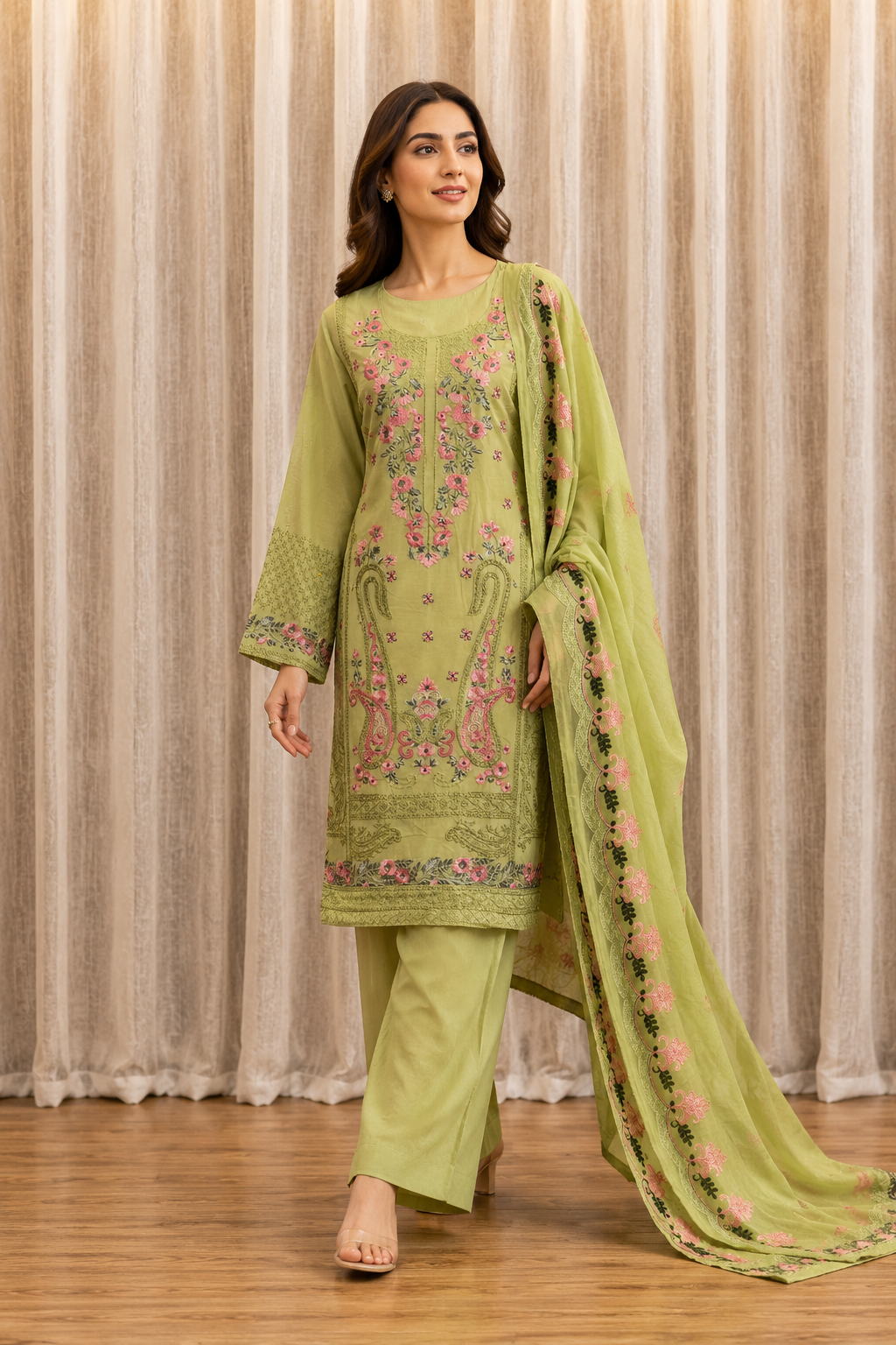 Inspired Elaf Olive Green Semi-stitched Embroidered Cotton Suit