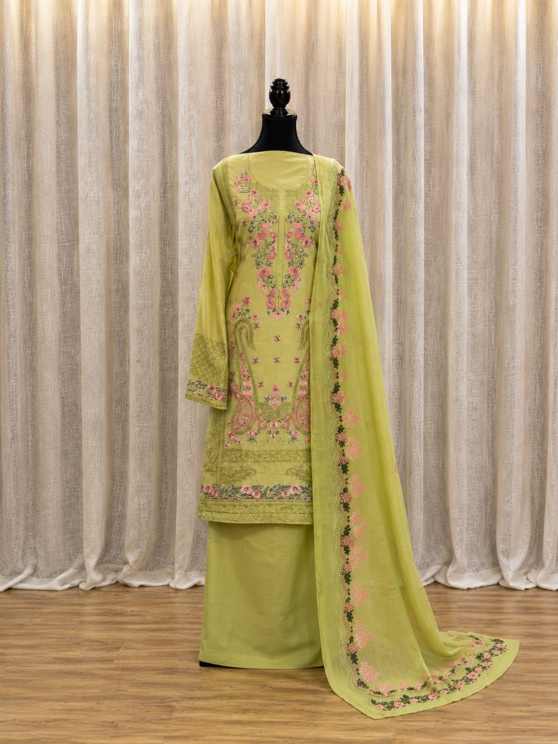 Inspired Elaf Olive Green Semi-stitched Embroidered Cotton Suit