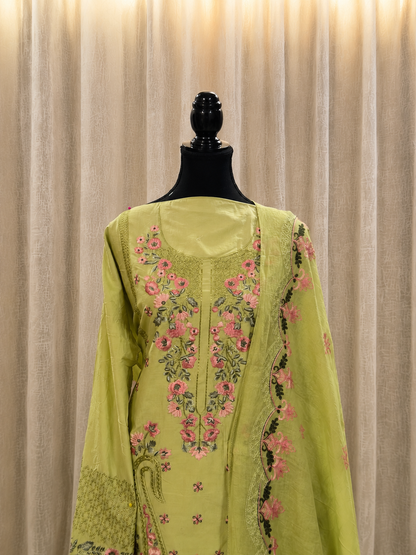 Inspired Elaf Olive Green Semi-stitched Embroidered Cotton Suit