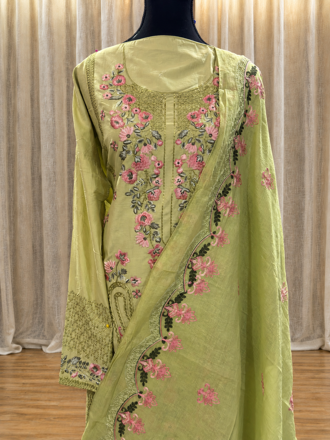 Inspired Elaf Olive Green Semi-stitched Embroidered Cotton Suit
