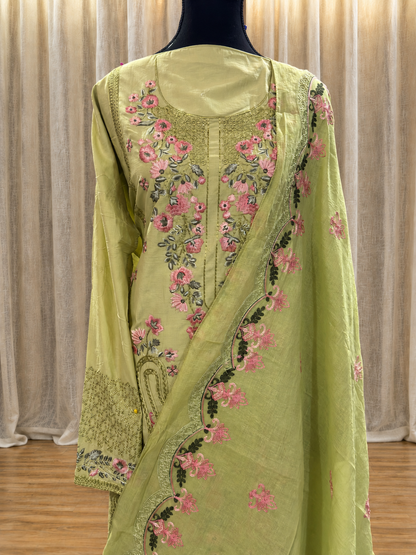 Inspired Elaf Olive Green Semi-stitched Embroidered Cotton Suit