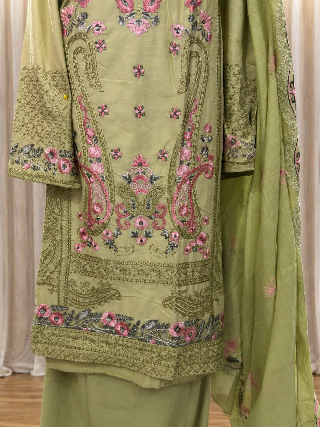 Inspired Elaf Olive Green Semi-stitched Embroidered Cotton Suit