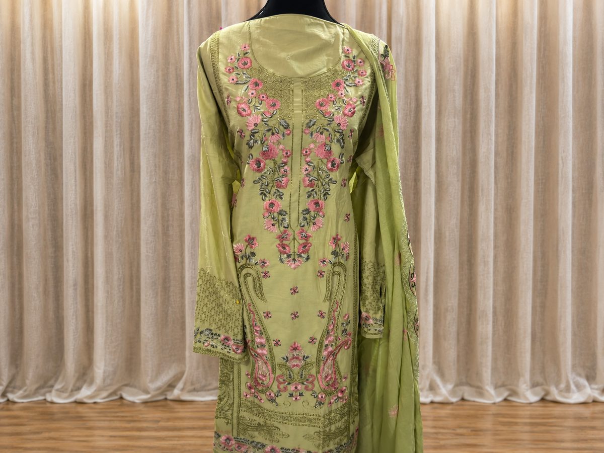 Inspired Elaf Olive Green Semi-stitched Embroidered Cotton Suit