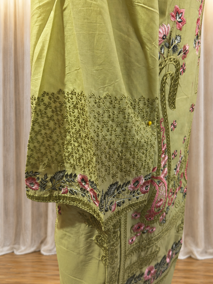 Inspired Elaf Olive Green Semi-stitched Embroidered Cotton Suit