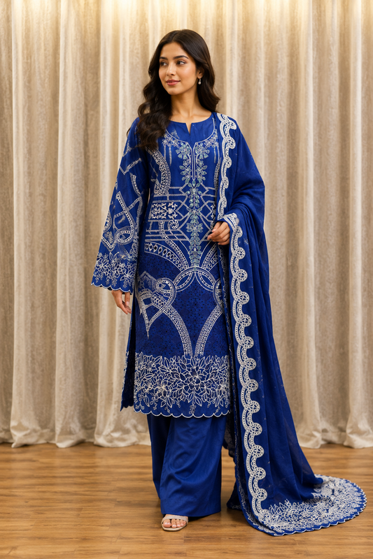 Inspired Elaf Royal Blue Semi-stitched Embroidered Cotton Suit