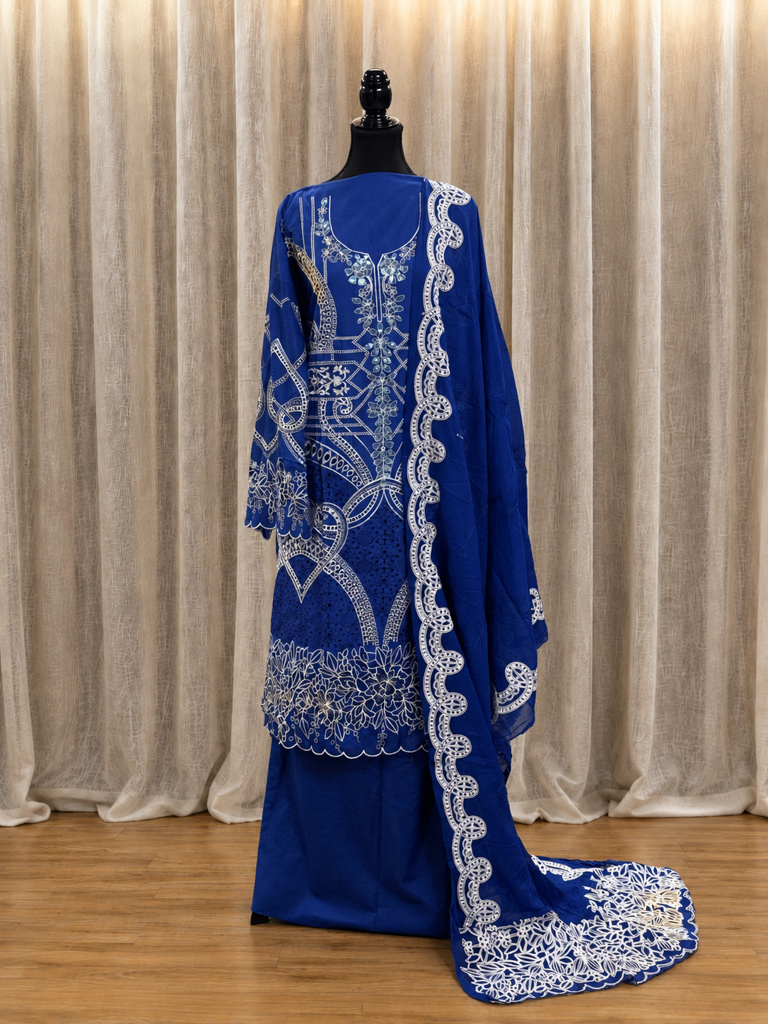 Inspired Elaf Royal Blue Semi-stitched Embroidered Cotton Suit