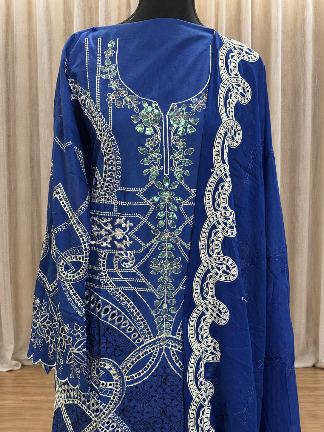 Inspired Elaf Royal Blue Semi-stitched Embroidered Cotton Suit