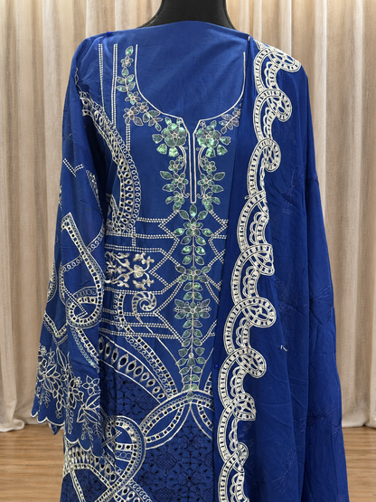Inspired Elaf Royal Blue Semi-stitched Embroidered Cotton Suit
