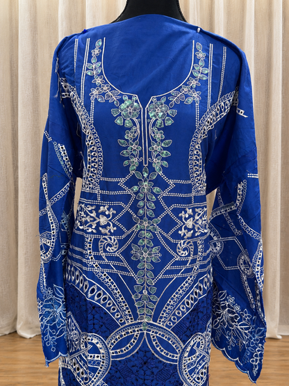 Inspired Elaf Royal Blue Semi-stitched Embroidered Cotton Suit