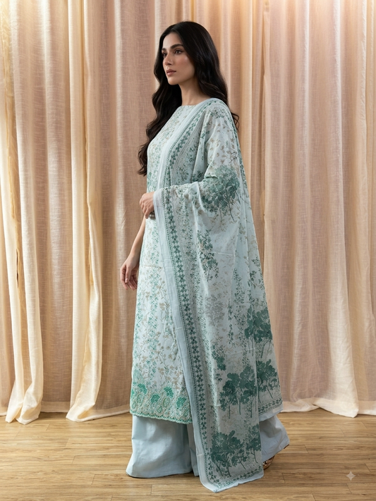 Inspired Khuda Baksh Ice Blue Green Chikankari Cotton Suit