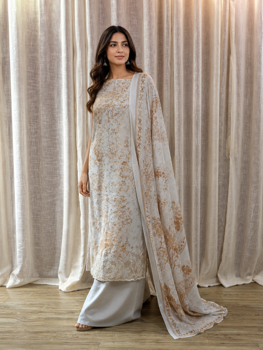 Inspired Khuda Baksh Champagne Ivory Chikankari Cotton Suit