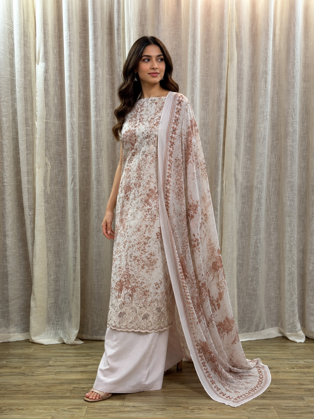 Inspired Khuda Baksh Rose Peach Chikankari Cotton Suit