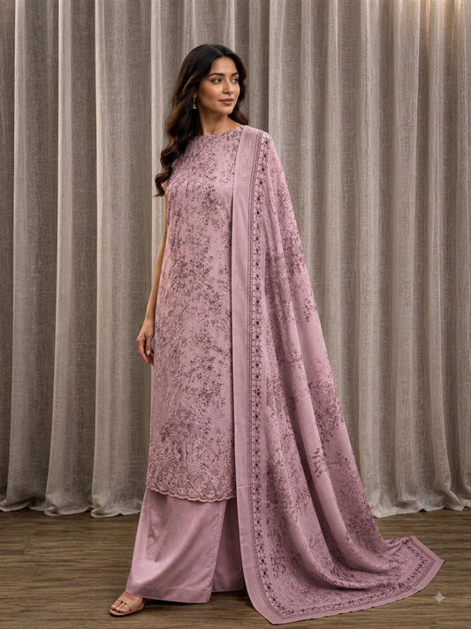 Inspired Khuda Baksh Onion Pink Chikankari Cotton Suit