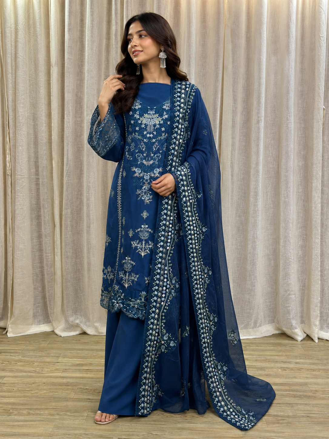 Inspired Kahf Midnight Teal Blue Semi-stitched Embroidered Cotton Suit