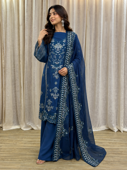 Inspired Kahf Lagoon Blue Semi-stitched Embroidered Cotton Suit
