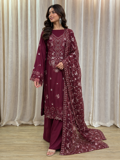 Inspired Kahf Wine Red Semi-stitched Embroidered Cotton Suit