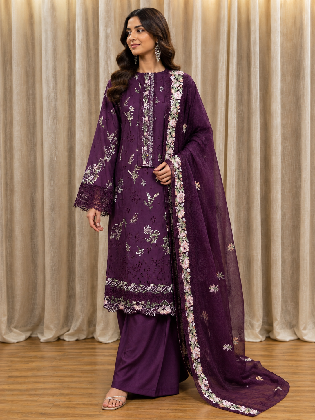 Inspired Kahf Burgundy Plum Semi-stitched Embroidered Cotton Suit