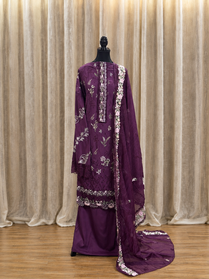 Inspired Kahf Burgundy Plum Semi-stitched Embroidered Cotton Suit