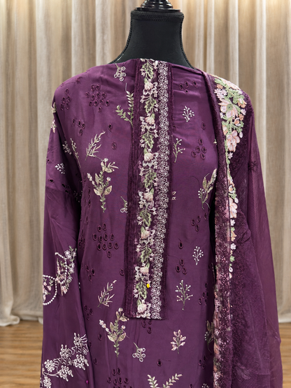 Inspired Kahf Burgundy Plum Semi-stitched Embroidered Cotton Suit
