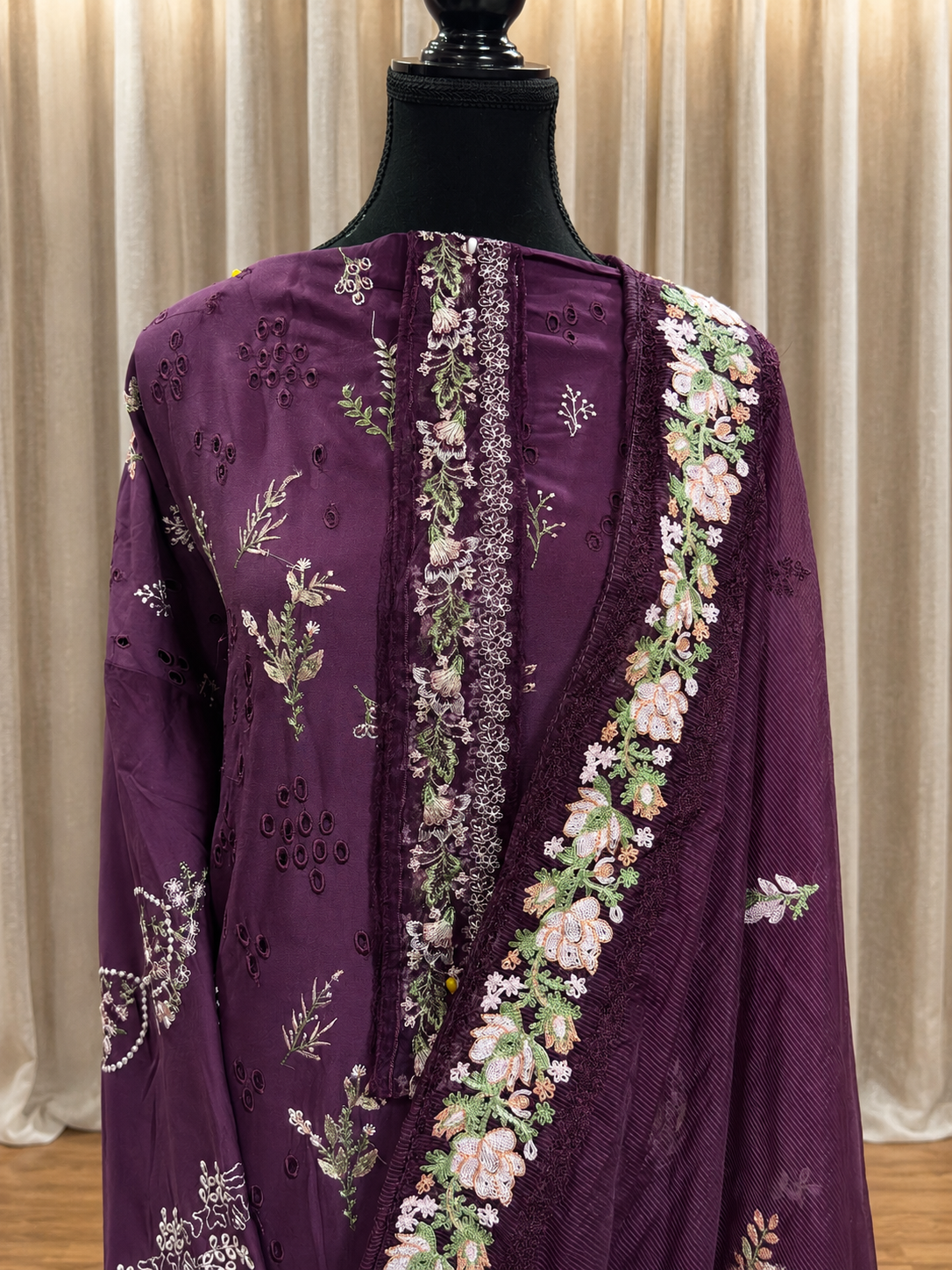 Inspired Kahf Burgundy Plum Semi-stitched Embroidered Cotton Suit