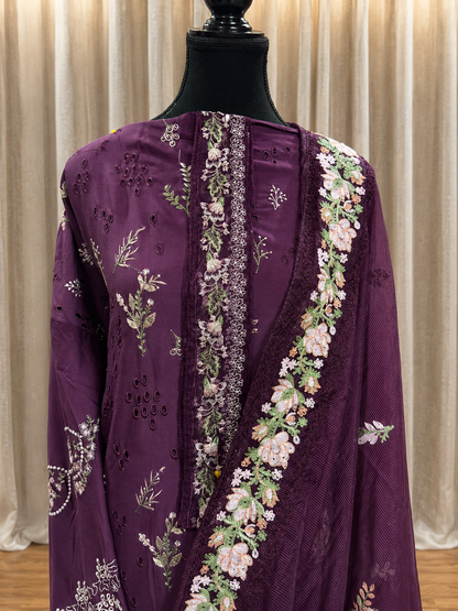 Inspired Kahf Burgundy Plum Semi-stitched Embroidered Cotton Suit