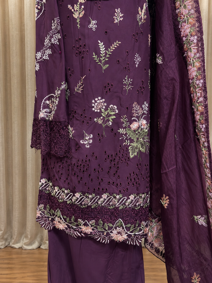 Inspired Kahf Burgundy Plum Semi-stitched Embroidered Cotton Suit