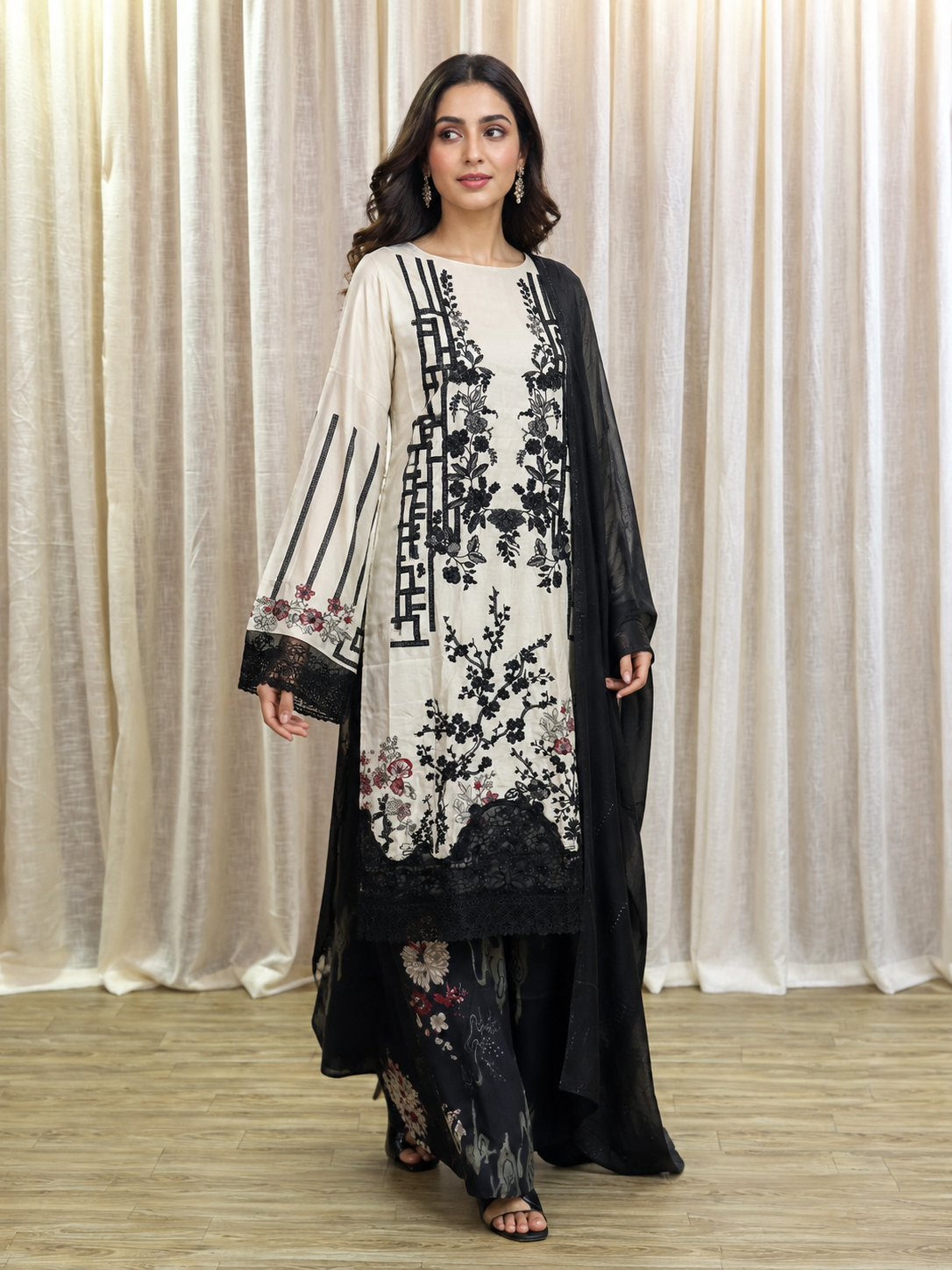 Inspired Maria B Rich Ivory Semi-stitched Embroidered Semi-Lawn Suit