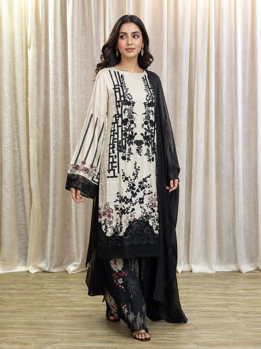 Inspired Maria B Rich Ivory Semi-stitched Embroidered Semi-Lawn Suit