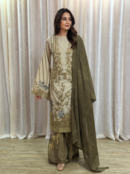Inspired Maria B Ivory Olive Semi-stitched Embroidered Semi-Lawn Suit