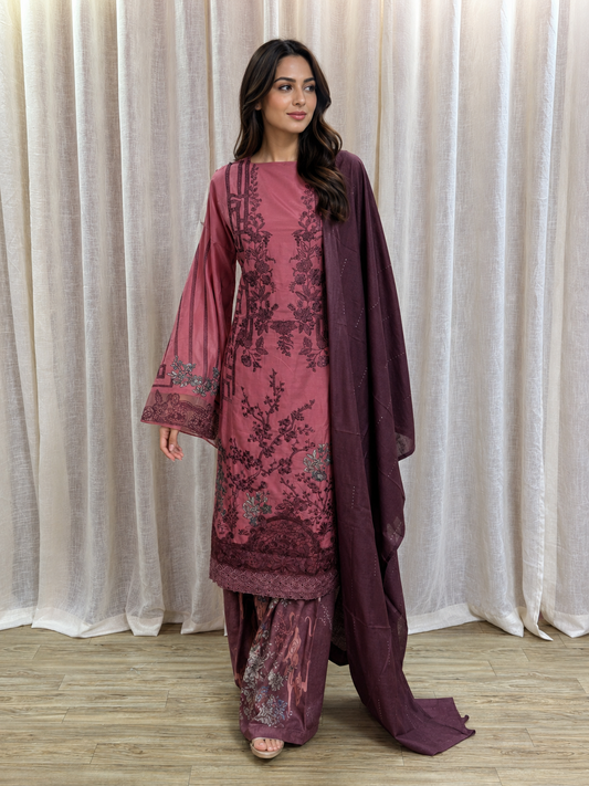 Inspired Maria B Dusty Rose Pink Semi-stitched Embroidered Semi-Lawn Suit