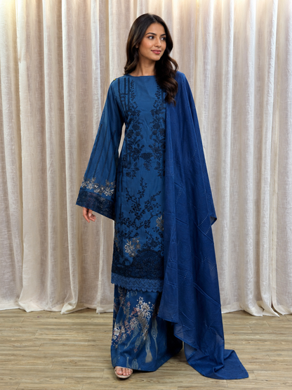 Inspired Maria B Deep denim Blue Semi-stitched Embroidered Semi-Lawn Suit